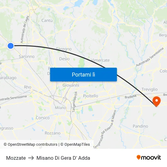 Mozzate to Misano Di Gera D' Adda map