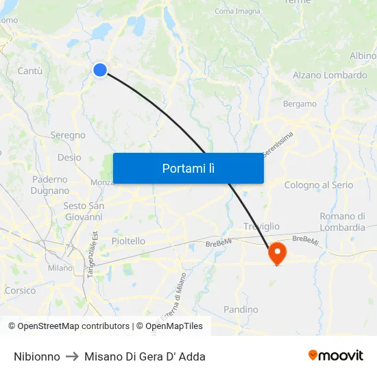 Nibionno to Misano Di Gera D' Adda map