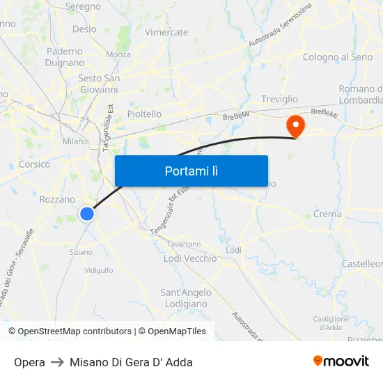 Opera to Misano Di Gera D' Adda map