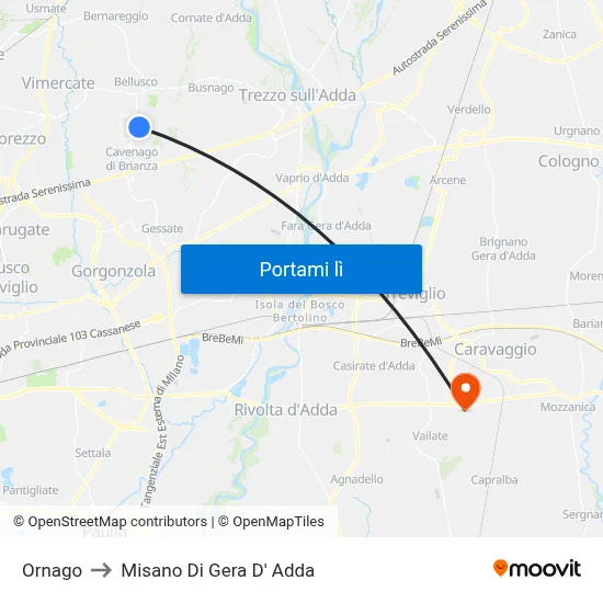 Ornago to Misano Di Gera D' Adda map