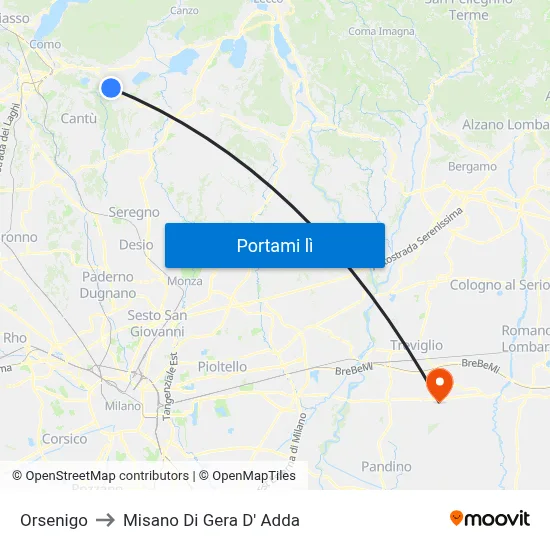Orsenigo to Misano Di Gera D' Adda map