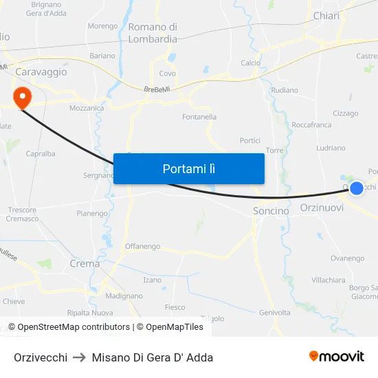 Orzivecchi to Misano Di Gera D' Adda map