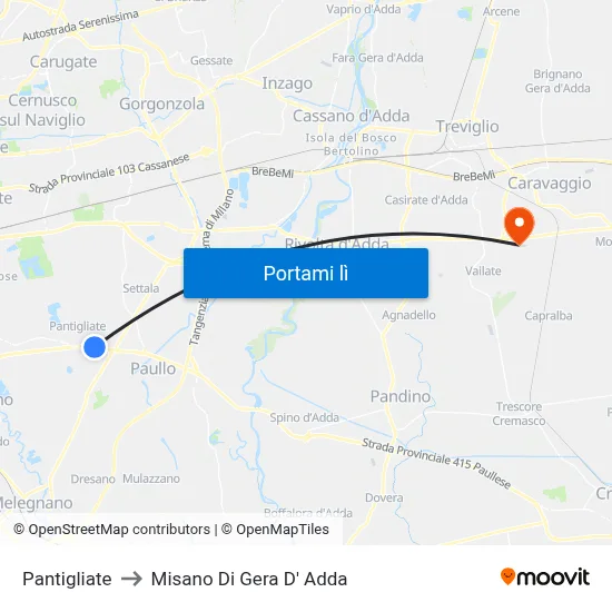 Pantigliate to Misano Di Gera D' Adda map