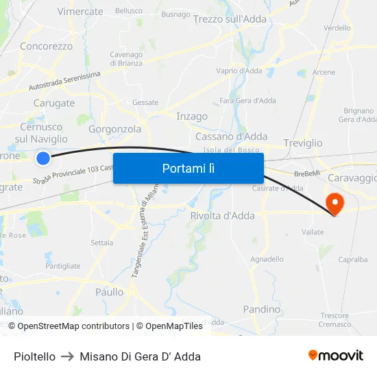 Pioltello to Misano Di Gera D' Adda map