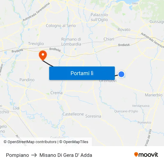 Pompiano to Misano Di Gera D' Adda map