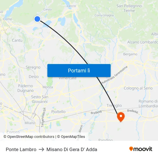 Ponte Lambro to Misano Di Gera D' Adda map