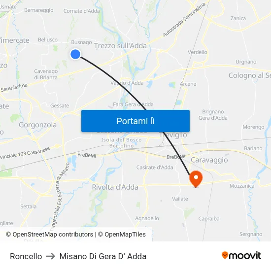 Roncello to Misano Di Gera D' Adda map