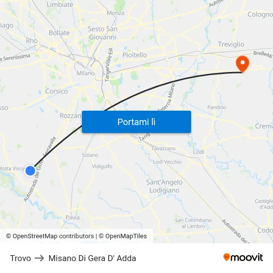 Trovo to Misano Di Gera D' Adda map