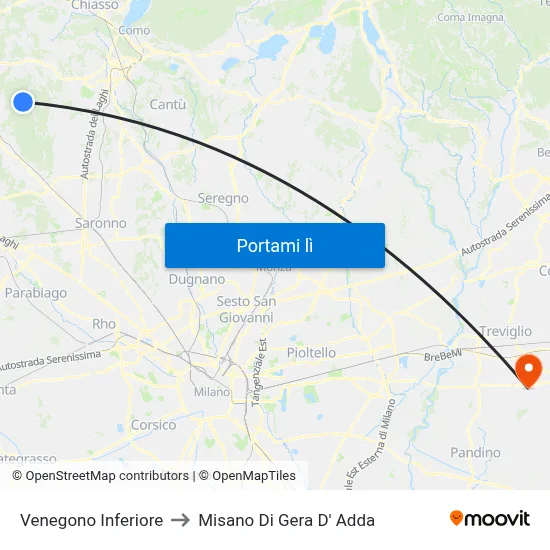 Venegono Inferiore to Misano Di Gera D' Adda map