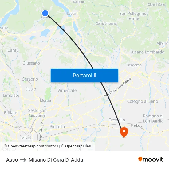 Asso to Misano Di Gera D' Adda map