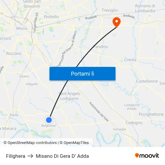 Filighera to Misano Di Gera D' Adda map