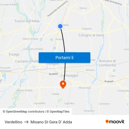 Verdellino to Misano Di Gera D' Adda map