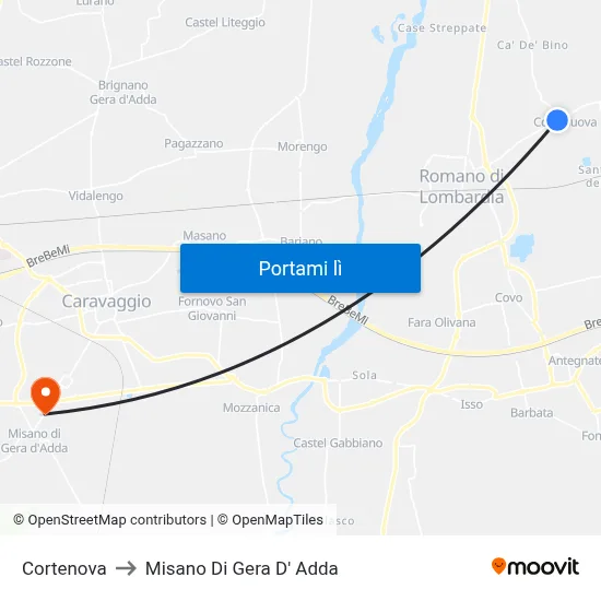 Cortenova to Misano Di Gera D' Adda map