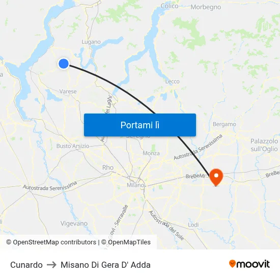 Cunardo to Misano Di Gera D' Adda map