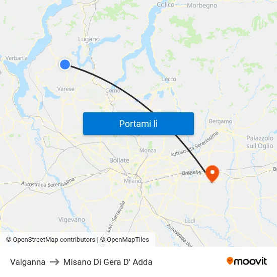 Valganna to Misano Di Gera D' Adda map
