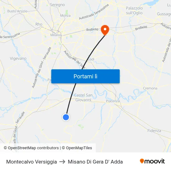 Montecalvo Versiggia to Misano Di Gera D' Adda map