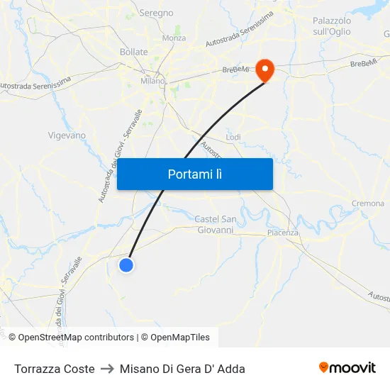 Torrazza Coste to Misano Di Gera D' Adda map