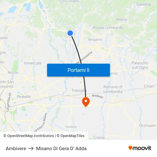 Ambivere to Misano Di Gera D' Adda map