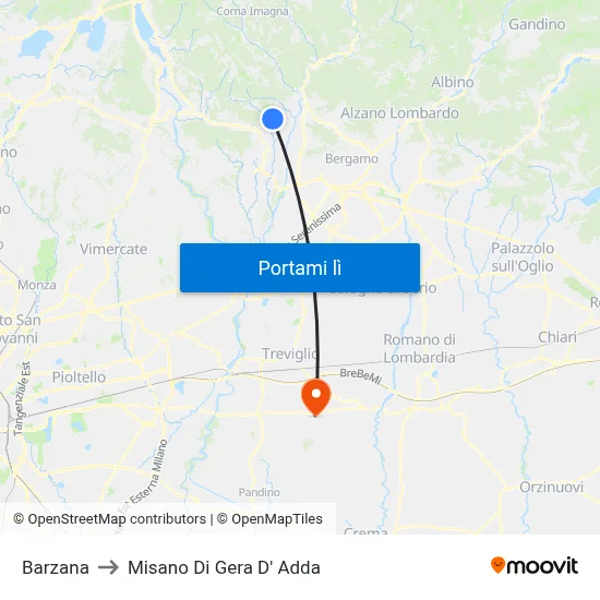 Barzana to Misano Di Gera D' Adda map