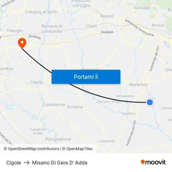 Cigole to Misano Di Gera D' Adda map
