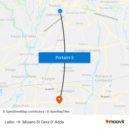 Lallio to Misano Di Gera D' Adda map
