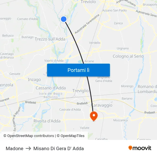 Madone to Misano Di Gera D' Adda map