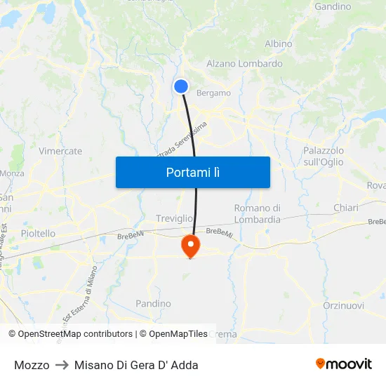 Mozzo to Misano Di Gera D' Adda map