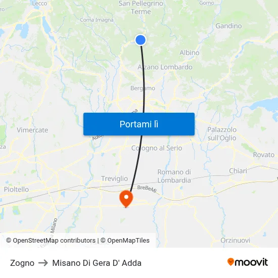 Zogno to Misano Di Gera D' Adda map
