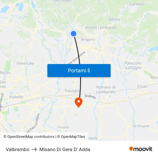 Valbrembo to Misano Di Gera D' Adda map
