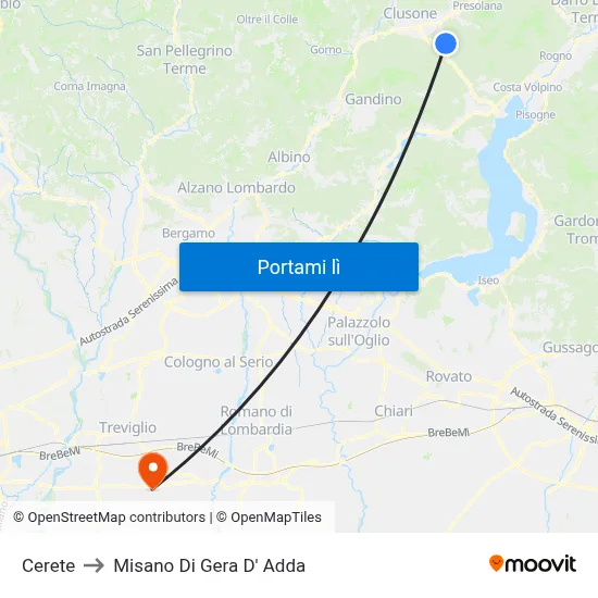 Cerete to Misano Di Gera D' Adda map