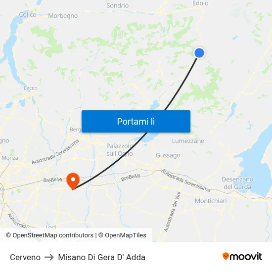 Cerveno to Misano Di Gera D' Adda map