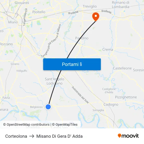 Corteolona to Misano Di Gera D' Adda map