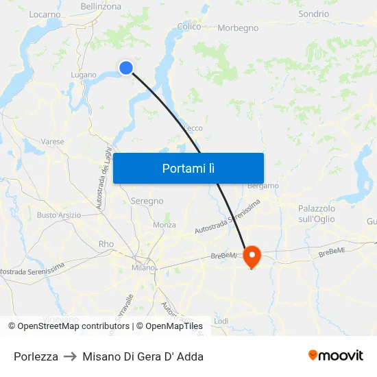 Porlezza to Misano Di Gera D' Adda map