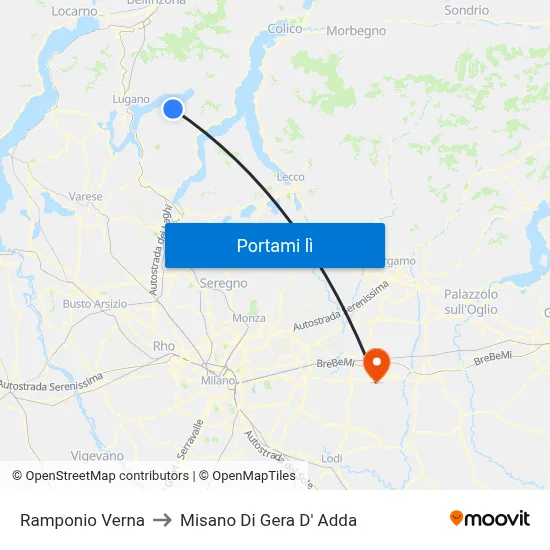 Ramponio Verna to Misano Di Gera D' Adda map