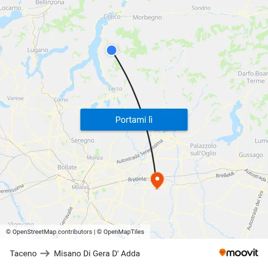Taceno to Misano Di Gera D' Adda map