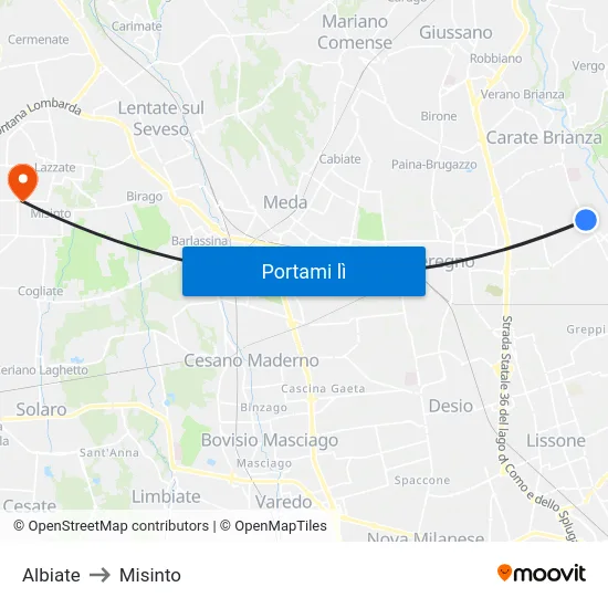 Albiate to Misinto map