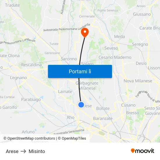 Arese to Misinto map