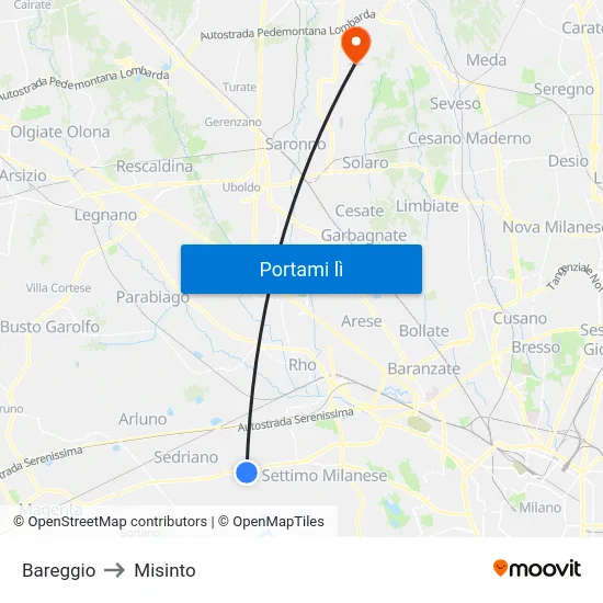 Bareggio to Misinto map