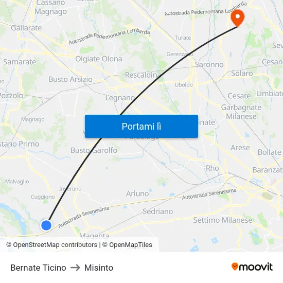 Bernate Ticino to Misinto map