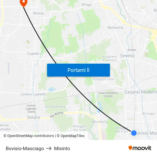 Bovisio-Masciago to Misinto map