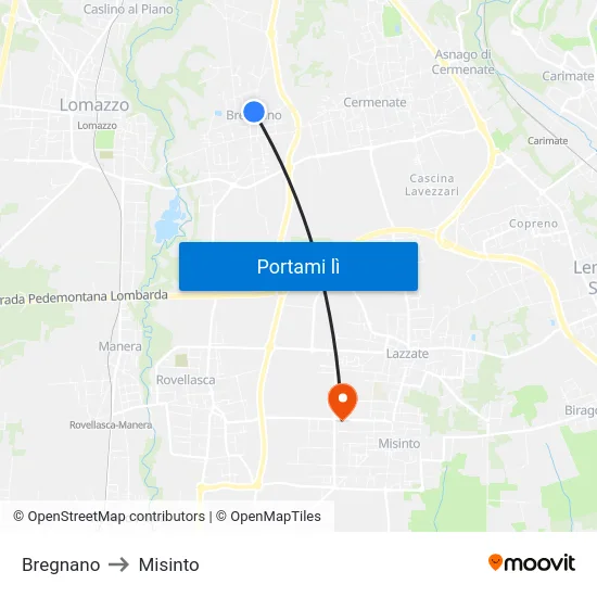 Bregnano to Misinto map