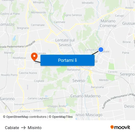 Cabiate to Misinto map