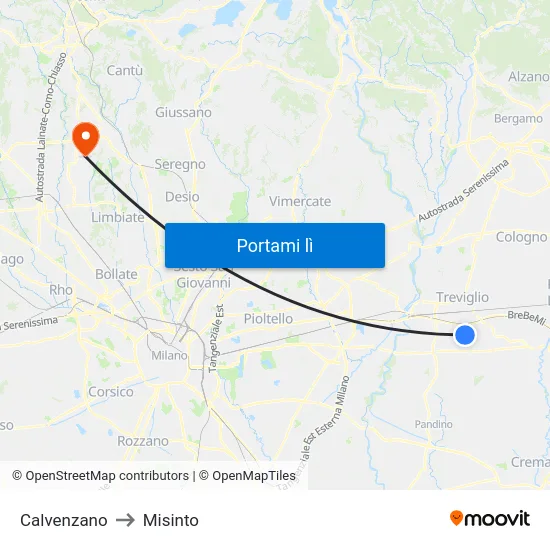 Calvenzano to Misinto map