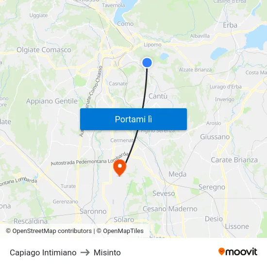Capiago Intimiano to Misinto map