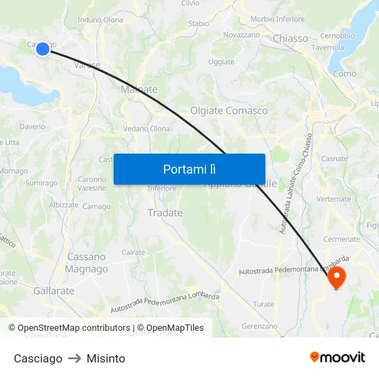 Casciago to Misinto map