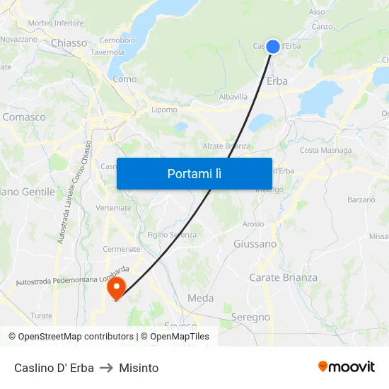 Caslino D' Erba to Misinto map