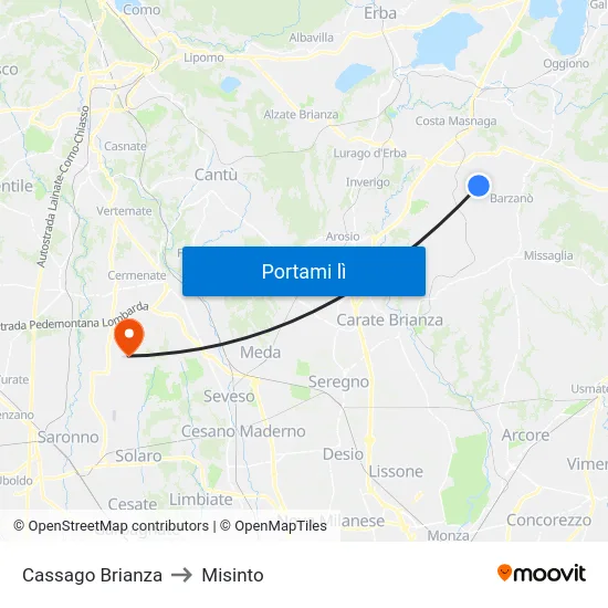 Cassago Brianza to Misinto map