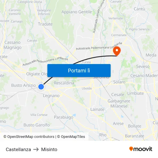 Castellanza to Misinto map