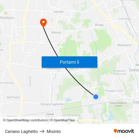 Ceriano Laghetto to Misinto map