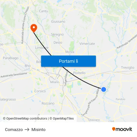 Comazzo to Misinto map